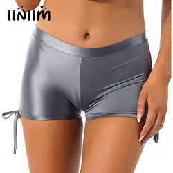 Womens Glossy Drawstring Shorts Ladies Casual Solid Color Stretchy Low Waist Hot Pants Gym Yoga Night Club Short Leggings