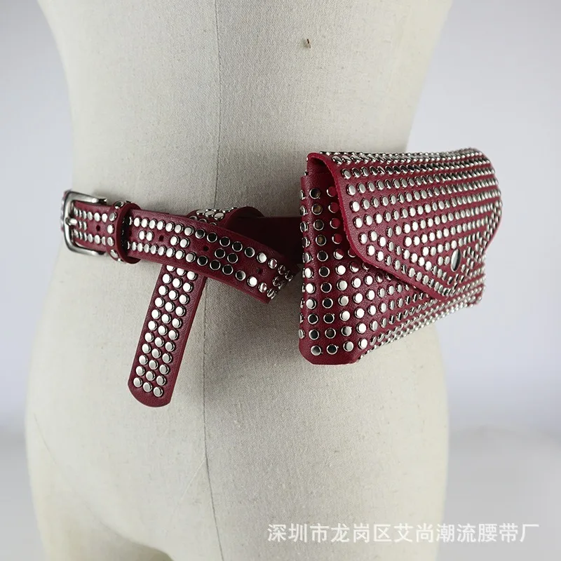 

Fashion Ladies Polyurethane Belt Pockets Decorative Rivets Removable Packet Dual-Use Waistband