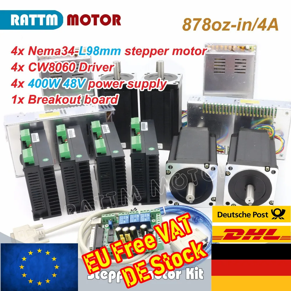 【EU Delivery】4Axis CNC Mach3 Nema34 878oz-in Stepper Motor Kit 98mm/4.0A &amp Driver 6A/80VDC 256Microstep 400W 48V Power Supply |
