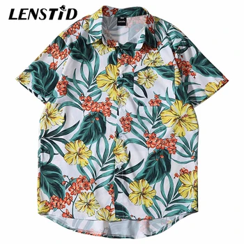 

LENSTID 2020 Mens Hip Hop Yellow Flower Leaf Print Shirt Harajuku Streetwear Hawaii Beach Shirt Summer Short Sleeve Aloha Shirts