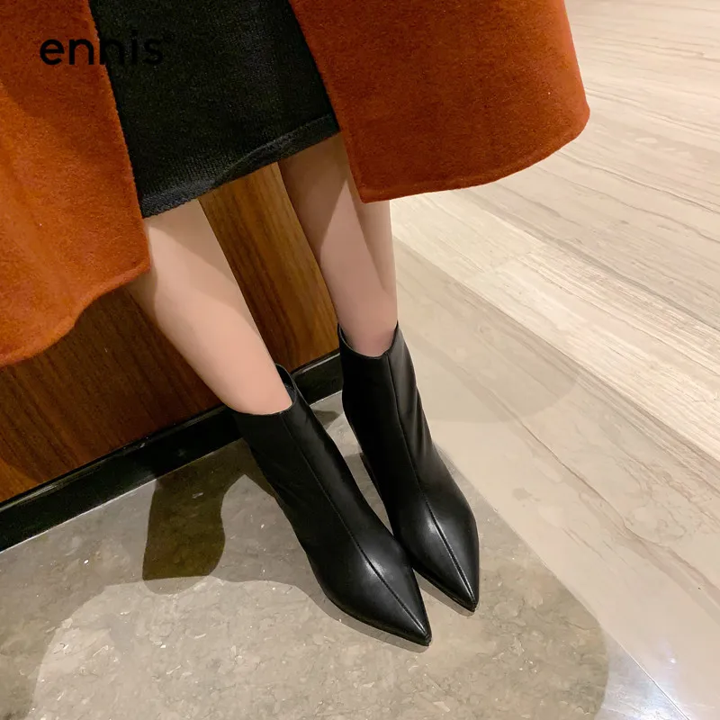 ENNIS Autumn Winter Women High Heel Boots Genuine Leather Pointed Boots Black Beige Designer Ankle Boots Ladies Shoes A9166