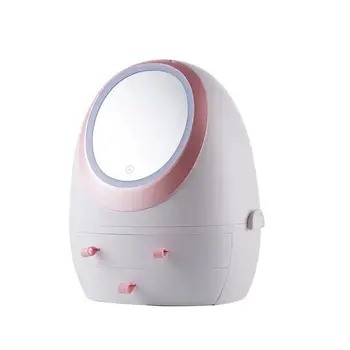 

USB Rechargeable Makeup Organizer Cosmetic Storage Box Cosmetic Box With LED Light Mirror Drawer Type Portable Desktop Dust Sto