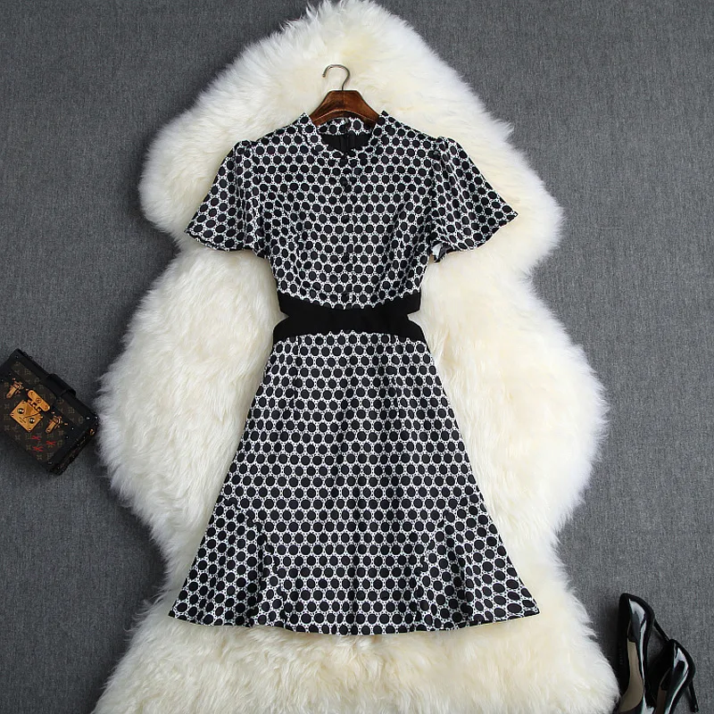 

Women girls dots print black summer dress 2019 cut out cold waist short sleeve mini sexy club dresses black