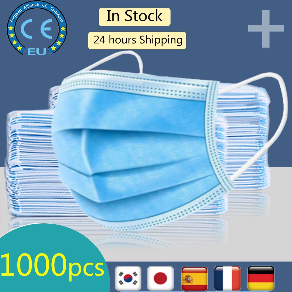 

1000pcs Face Mouth Mask 3-Ply PM2.5 Disposable Anti-Dust Flu Mask Elastic Ear Loops Safety Masks