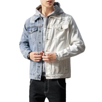 

QIBA Jacket Spring Autumn Jeans Jacket Men Denim Color spliced Fashion Ripped Denim Jacket Male men #9813