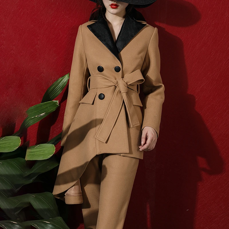 TWOTWINSTYLE хит цвет комплект из двух предметов женский воротник с лацканами с длинным рукавом ассиметричное пальто брюки с высокой талией повседневный костюм женский
