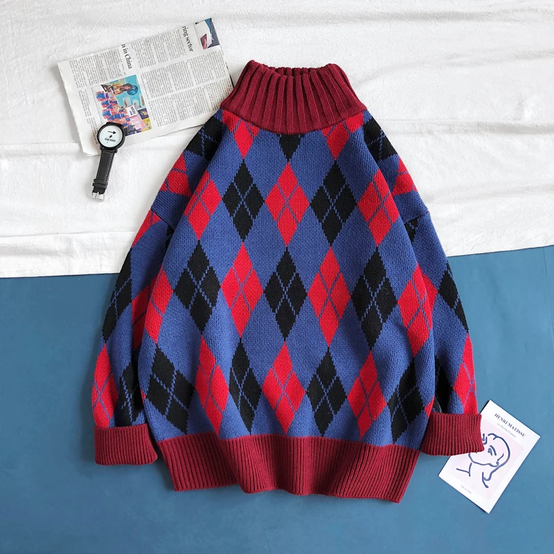 navy blue Зимний свитер с высоким воротником мужской теплый модный контрастный Повседневный вязаный пуловер Мужской уличная свободный клетчатый свитер - Цвет: navy blue