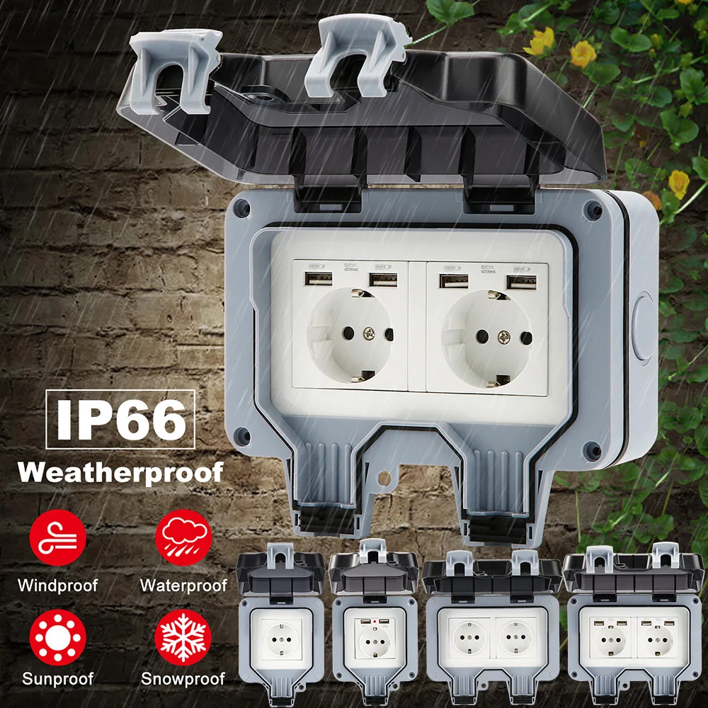 IP66WeatherproofWaterproofOutdoorWallPowerSocket16APowerSupplyDualUSBWallElectrical