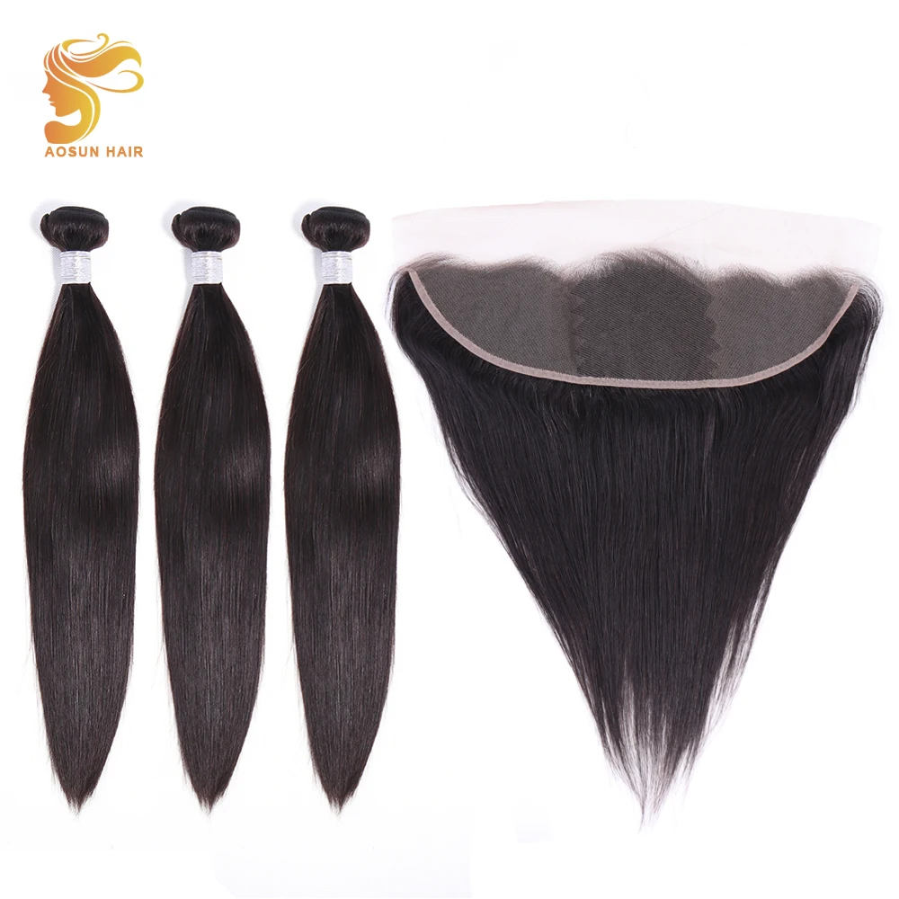 

AOSUN HAIR Peruvian Straight Bundles With Ear To Ear 13*4 Lace Frontal Remy Hair Extensions 100% Human Hair Bundles With Frontal