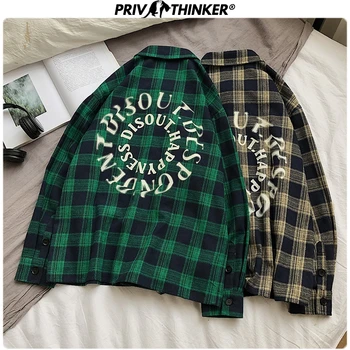 

Privathinker Men's Spring Unisex Plaid Shirts 2020 Men Fashion Letter Print Long Sleeve Blouse Streetwear Loose Tops Male Shirts