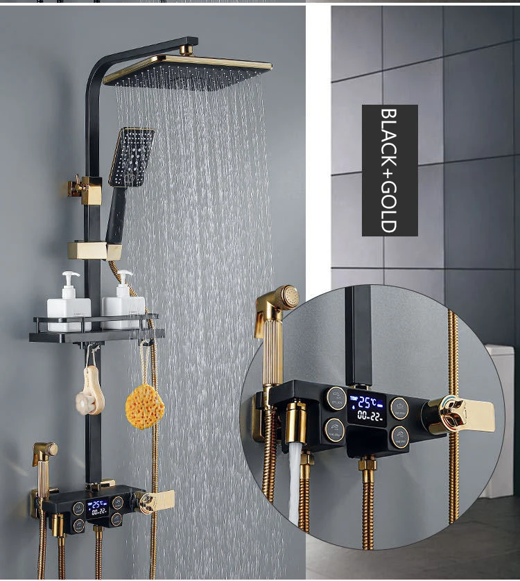 Black Shower Set Bathroom LED Digital Shower System Hot Cold Mixer Thermostatic Bath Faucet Square Head SPA Rainfall Copper Tap