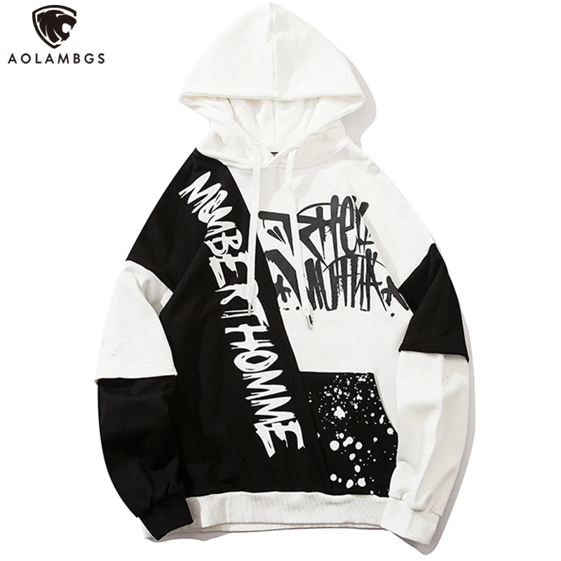 

Aolamegs Color Block Patchwork Funny Cartoon Dinosaur Print Harajuku Hip Hop Hoodie Men Cozy Hooded Sweatshirt Streetwear Autumn