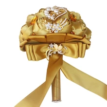 Золотые бриллиантовые свадебные букеты, свадебные шелковые цветы, свадебные букеты, свадебные цветы, кристаллы, свадебное украшение