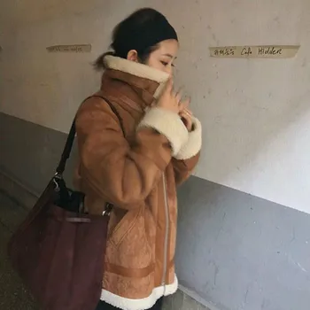 

Women Winter Thick Lambwool Vintage Short Jacket PU Leather Long Sleeve Turn-down Collar Overcoat Warm Coat Zipper Outwear