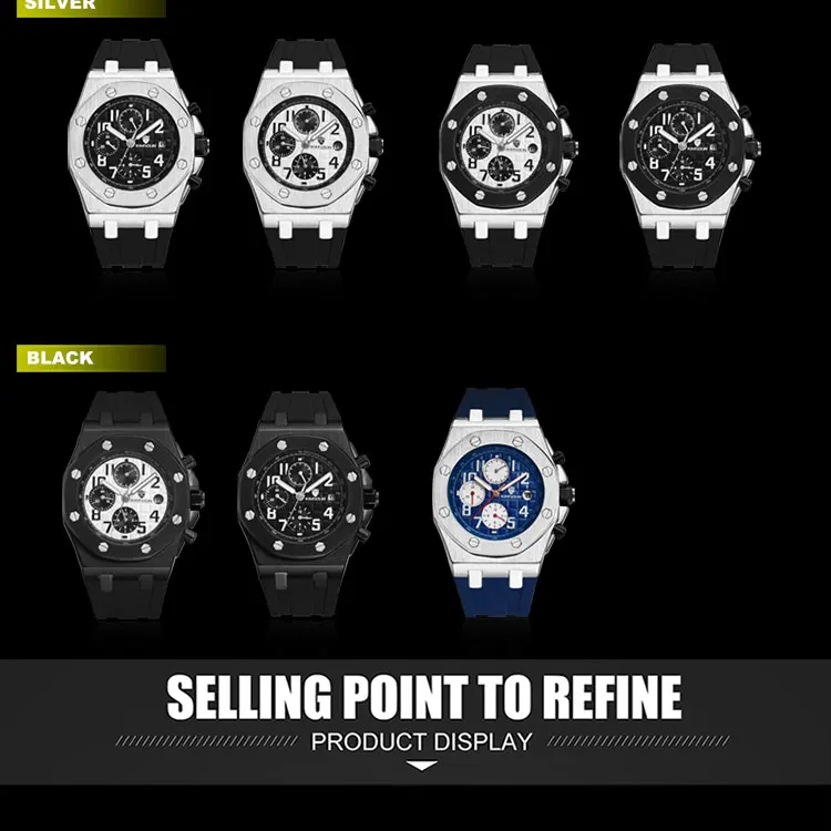 KIMSUDM бренд AP Мужские автоматические механические часы многофункциональные военные спортивные часы с тремя циферблатами и календарем Мужские силиконовые часы