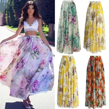 

Women Jersey Floral Gypsy Stretchy High Waist Pleated Long Maxi Skirt Sun Dress