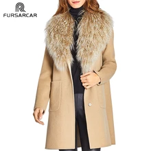 FURSARCAR/Новинка года; однотонное Женское пальто из натурального меха; роскошное пальто из овчины с шерстяным меховым воротником и манжетами; зимний модный шерстяной шуба