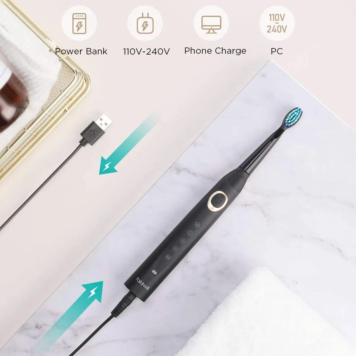Fairywill Sonic Electric Toothbrush FW-508 USB Charger IPX7 Waterproof Electronic Toothbrush with 8 Replacement Brush Heads 5