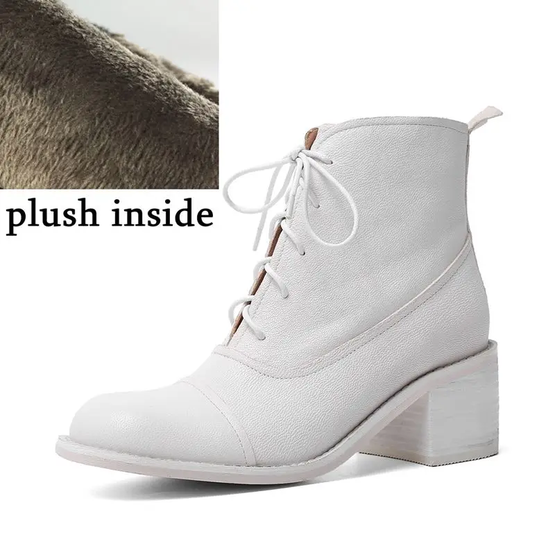 plush inside ALLBITEFO/однотонные женские ботинки из натуральной кожи; ботильоны; сезон осень-зима; удобные модные ботинки на высоком каблуке - Цвет: plush inside