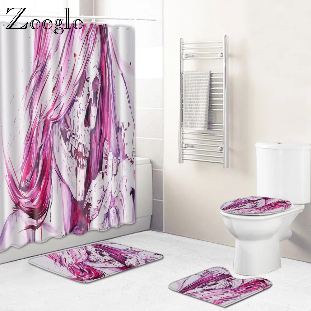 Zeegle Halloween Bath Mat Set 4pcs Bathroom Mat Set Washable Toilet Foot Rug Anti-slip Bathroom Floor Rug Toilet Entrance Mat