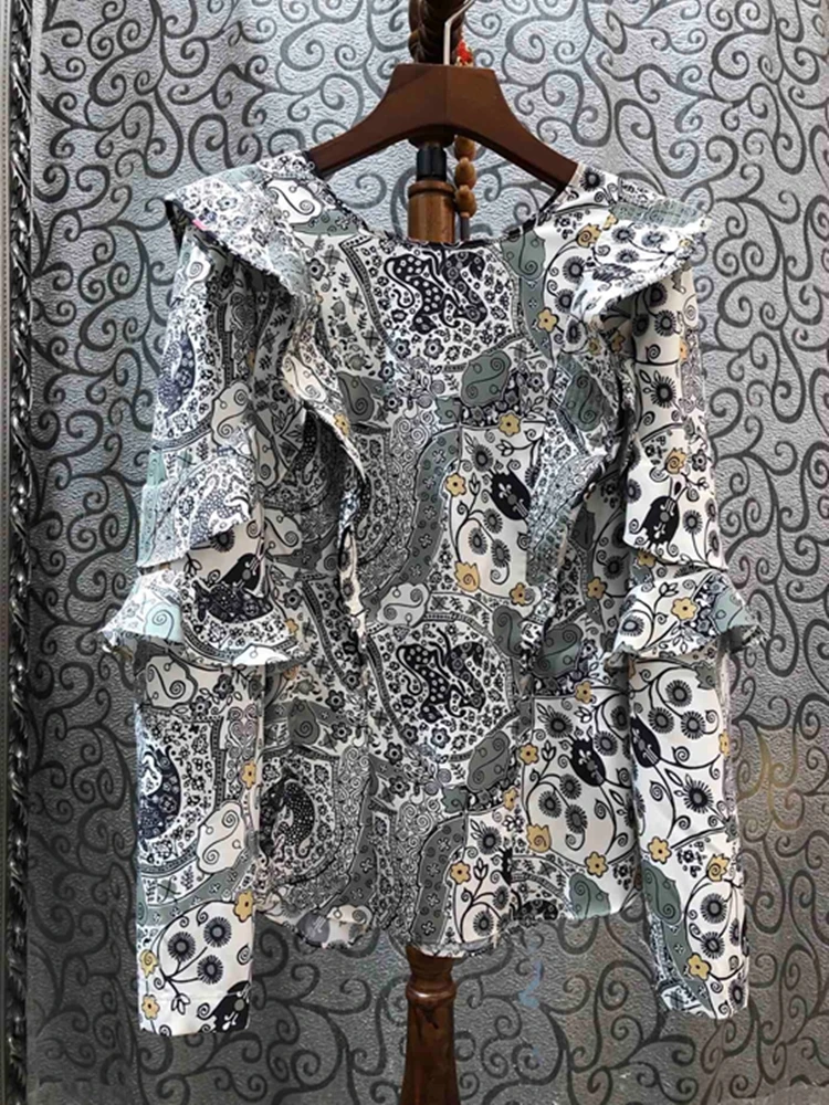 2020 Ранняя весна женская блузка с винтажным принтом оборками рубашка длинными