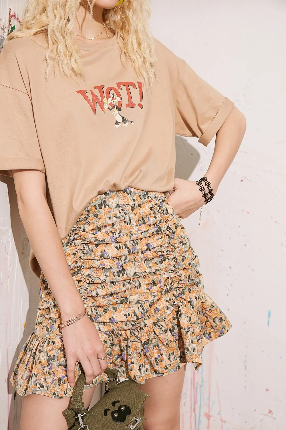 ELFSACK Yellow Oil Painting Floral Print A Line Women Ruffle Skirts 2020 Summer ELF Purple High Waist Korean Girly Holiday Skirt