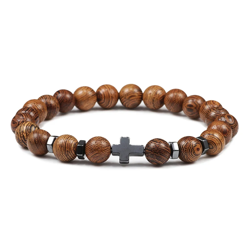 wood beads Модный браслет из бисера горячий тигровый глаз и лавовый камень деревянные бусины натуральный Крест Браслеты и браслеты для мужчин или женщин талисманы Йога ювелирные изделия - Окраска металла: wood beads