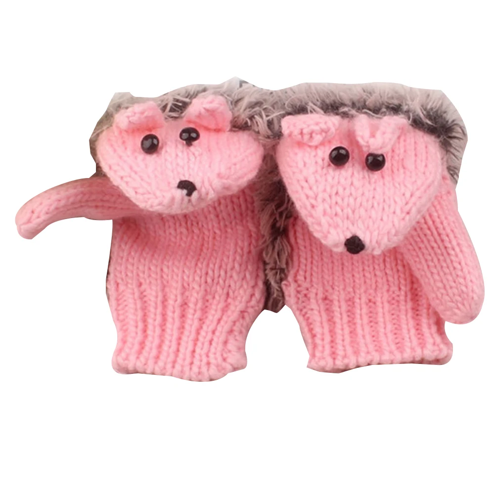 Теплые зимние женские теплые вязаные перчатки с мультяшным ежиком; зимние теплые вязаные перчатки; Рукавицы на палец; ручная работа
