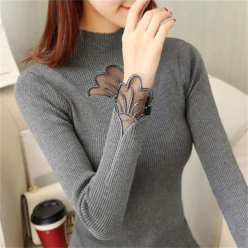 

Korea Autumn Winter Solid chic Pullovers Sweaters Women Gray Embroidery Lace Hollow Knitted Slim Sweater Female Tops