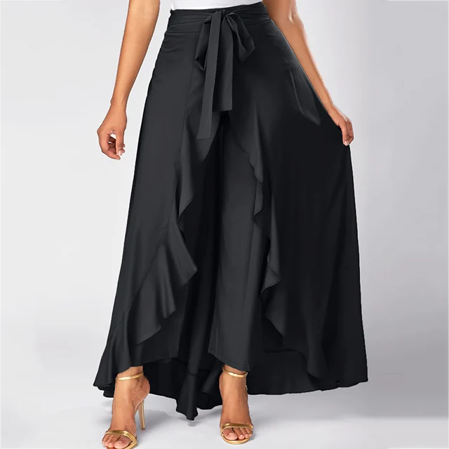 Women Palazzo Pant Summer Ruffle Drawstring Trouser Causal Loose Woman Pant Skirt Solid Irregular Chiffon Female High Waist Pant 6