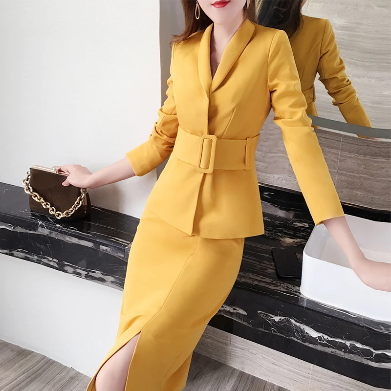 

2019 Autumn Winter New Korean Red Slim Business Blazer + Skirt 2 Two Piece Set Women Office Lady Notched Jacket Trousers Suits