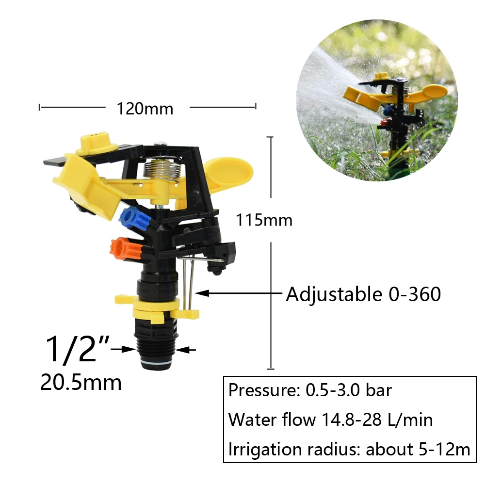 Garden Irrigation Double Outlet Rocker Nozzle 360 Degrees Rotary Jet Sprinklers 1/2 3/4" Thread Plastic Spike Inserting Ground 