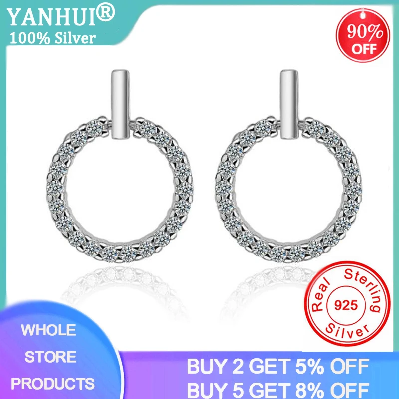 

YANHUI New Arrival Silver Round Stud Earrings 925 Sterling Silver Wedding Earrings For Women Original Jewelry Pendientes Brinco