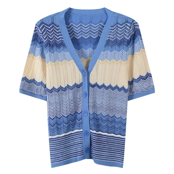 

Runway Club Summer Holiday Knitted T-Shirt Women Tees V-Neck Hollow Out Top Shirt Multi Striped Top Ladies Buttons T-Shirt Beach