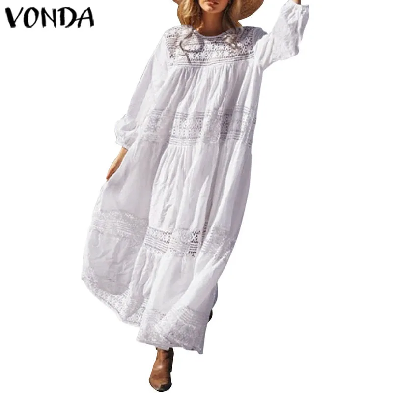 VONDA, женское платье с длинным рукавом, вязаное крючком, праздничное, открытое, повседневное, гофрированное, макси, платья для вечеринки, Vestidos, сарафан для беременных