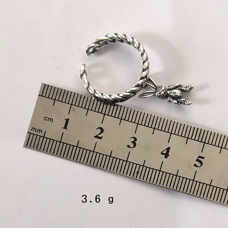 925 пробы Серебряное кольцо с подвеской в виде милого кролика, винтажное серебряное кольцо, регулируемое грубое боковое кольцо, висячий заяц, минималистичный подарок для нее