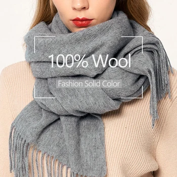 

100% Pure Wool Scarf Women Winter Scarf Luxury Shawls and Wraps for Ladies Solid Cashmere Tassel Winter Warm Wool Grey Scarves