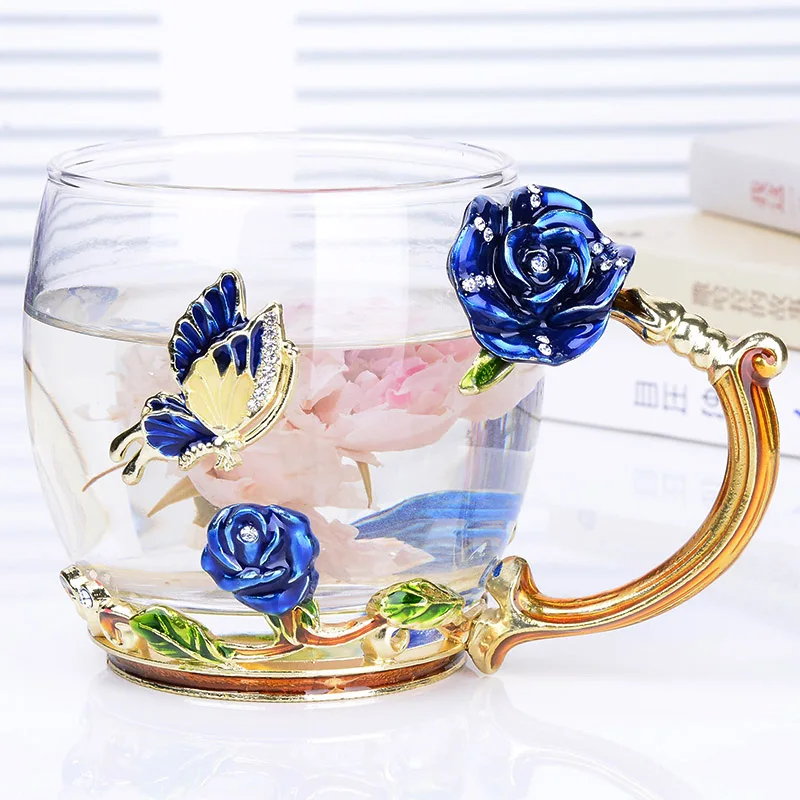 Translucent Coffee Cup with Spoon Friend S SMAZINSTAR Flower Tea Cup Birthday Mother's Day Valentine's Day Christmas Gifts Wife Enamel Butterfly Blue Rose Lead-Free Glass Tea Cup 
