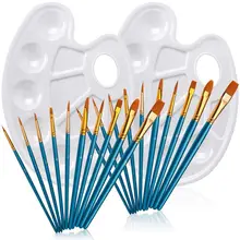 20 Pcs Paint Brush Set with 2 Pcs Paint Tray Palette, Round Pointed Tip Nylon Hair Paintbrush for Kids Students Beginners- Br