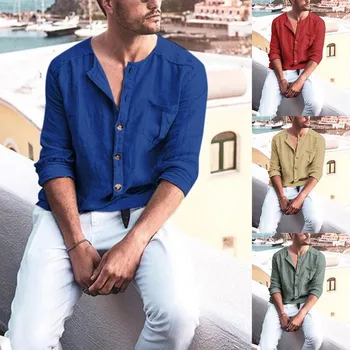 

Mens Chest Pocket Solid Color Loose Comfy Long Sleeve Loose Casual Shirt Top Amazon ebay Dropshipping Men's clothing popular fa
