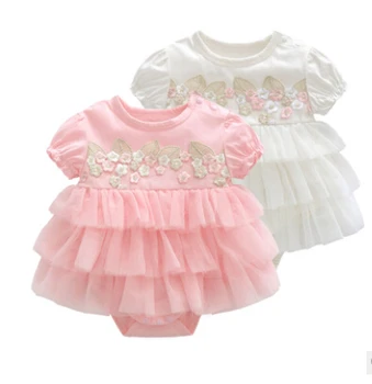 

ABCDE Newborn Dress, Romper Style Short Sleeve Flower Embroidery Multilayer Mesh Summer Princess Costume