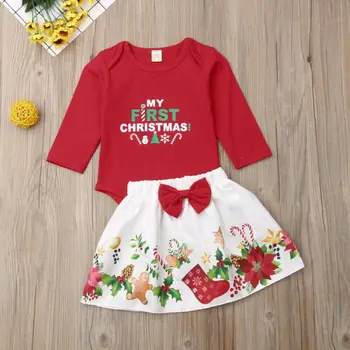 

2019 Christmas Newborn Baby Girl Romper Bodysuit+Bowknot Skirt Dress Clothes Set