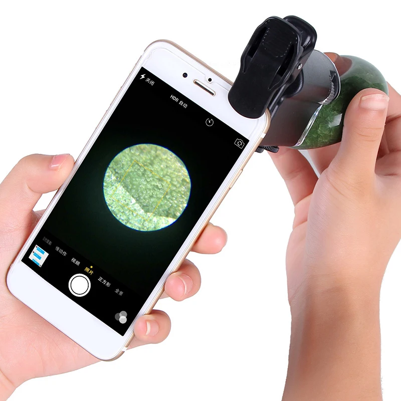 60-100X Clip-On Type Loupe Microscope Magnifier with Built-in LED Flashlight UV Light for Universal Mobile Phones