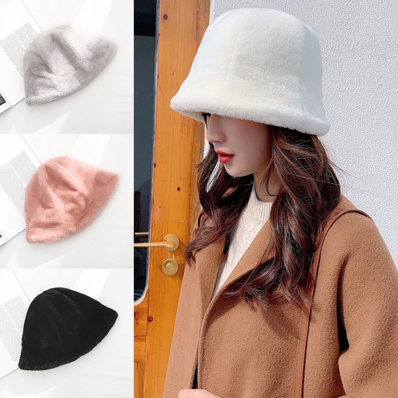 designer bucket hat Winter Women Fisherman Hat Teddy Plush Warm Ear Protector Hats Accessories Solid Color Lovely Japanes Bucket Hat Show Face Small straw bucket hat womens