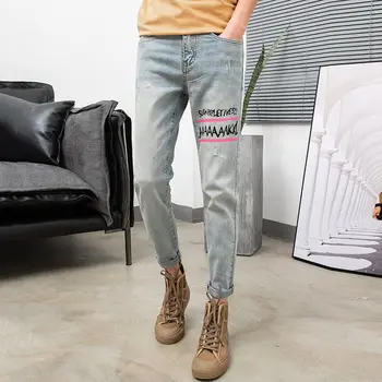 

2020 Spring And Summer New Youth Popular Korean Men's Slim Letter Printed Jeans Fashion Casual Large Size Nine Points Pants Blue