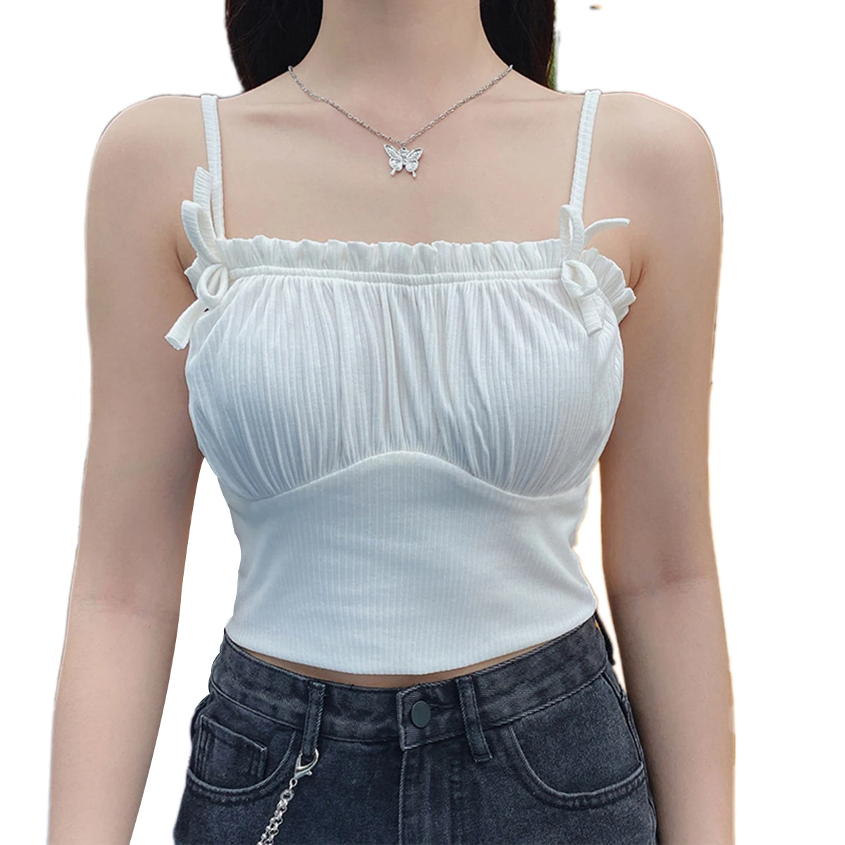 

Women Sexy T-Shirt Slim Ruffle Sleeveless Knitted Striped Crop Pullover Wild Fashion Top Clothes