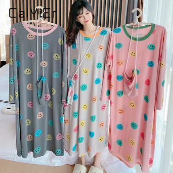 

CAIYIER Womens Nightgown Autumn Smiling Face Printing Long Skirtv Cotton Loose Pajamas Round Neck Leisure Home Wear+ Storage Bag