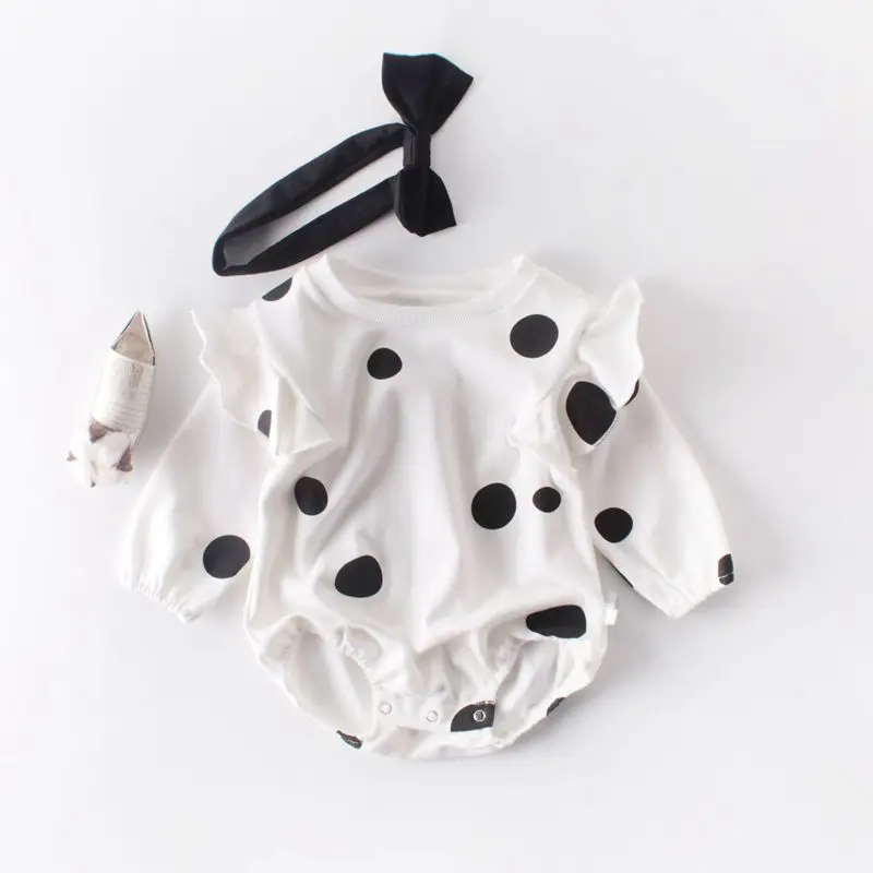 Бежевый Baby Girls Clothes Cotton Headband+ Big Dot Newborn Long Sleeve Infant Clothes Baby Bodysuits Clothing Infant Outfits Body Bebe - Цвет: Бежевый