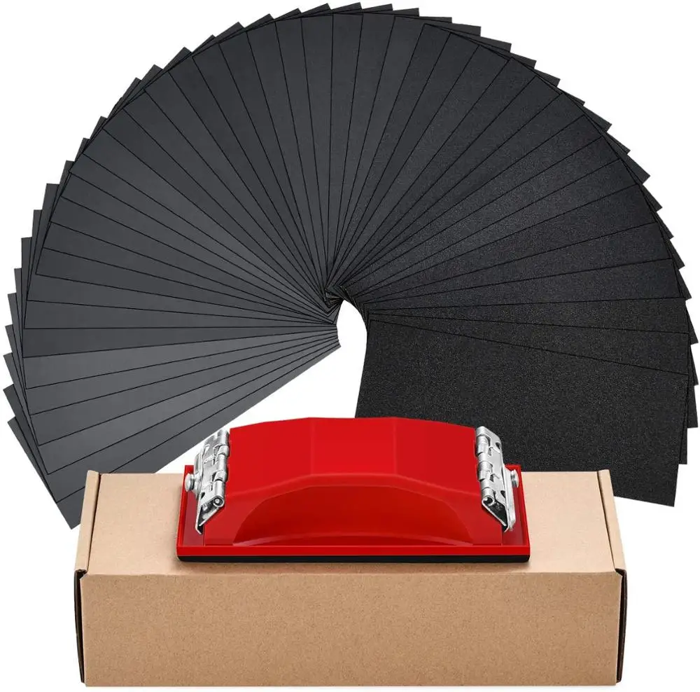 

42pcs Wet & Dry Sandpapers Assorted Grits with Sanding Block Sander 9x3.6 Inch Sanding Sheets for Wood Glass Metal Car Polish