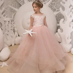 2021 Princess Pink Flower Girls Dress Ball Gown Lace Appliques Toddler Infant Pageant Dresses Button Back for Wedding Party